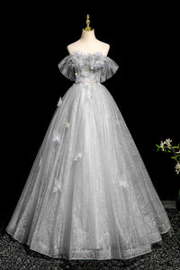 Gray Tulle A Line Off the Shoulder Long Prom Dresses with Flowers, Off Shoulder Gray Floral Formal Evening Dresses WT1674