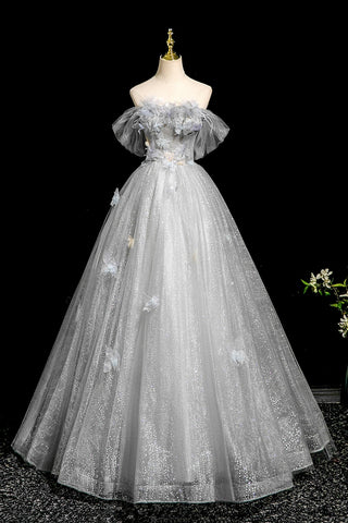 Gray Tulle A Line Off the Shoulder Long Prom Dresses with Flowers, Off Shoulder Gray Floral Formal Evening Dresses WT1674