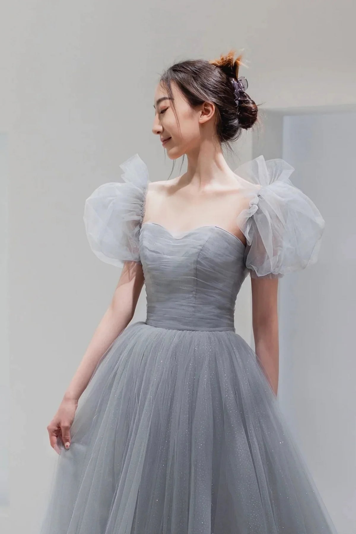 Tulle A-line Short Sleeves Long Prom Dress, Tulle Bridesmaid Dress Party Dress