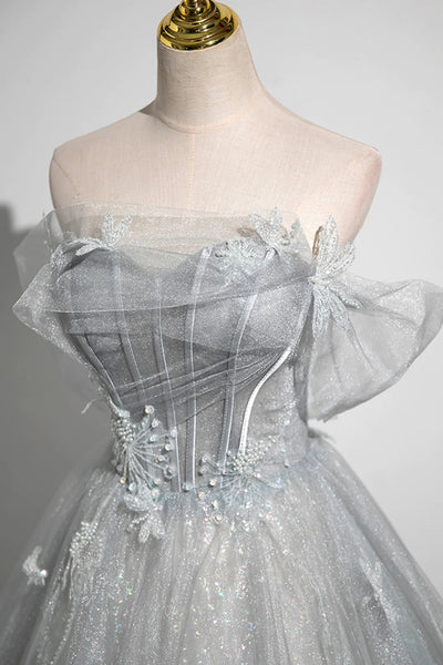 Gray Tulle Off Shoulder Open Back Floral Long Prom Dresses, Off Shoulder Gray Formal Dresses, Gray Evening Dresses WT1452