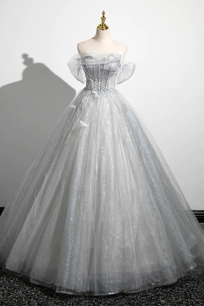 grey floral prom dress A-line Sweetheart Floral Jacquard Prom Dress with Ruffle Straps PocketsS9108P - Prom Dresses