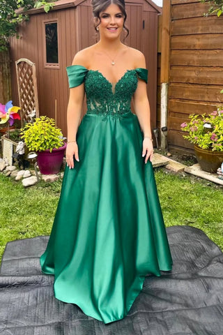 Green A Line Off the Shoulder Lace Long Prom Dresses, Green Lace Formal Dresses, Off Shoulder Green Evening Dresses WT1701