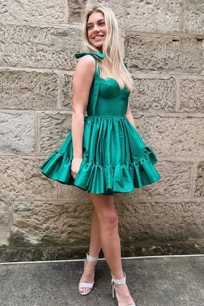 Green A Line Tie Straps Short Satin Prom Dresses, Short Green Homecomi Lwt Dress Green A Line Tie Straps Short Satin Prom Dresses, Short Green Homecomi Lwt Dress