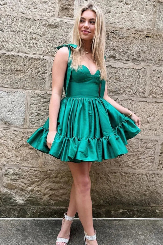 Green A Line Tie Straps Short Satin Prom Dresses, Short Green Homecomi Lwt Dress Green A Line Tie Straps Short Satin Prom Dresses, Short Green Homecomi Lwt Dress