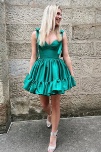 Green A Line Tie Straps Short Satin Prom Dresses, Short Green Homecoming Dresses WT1493