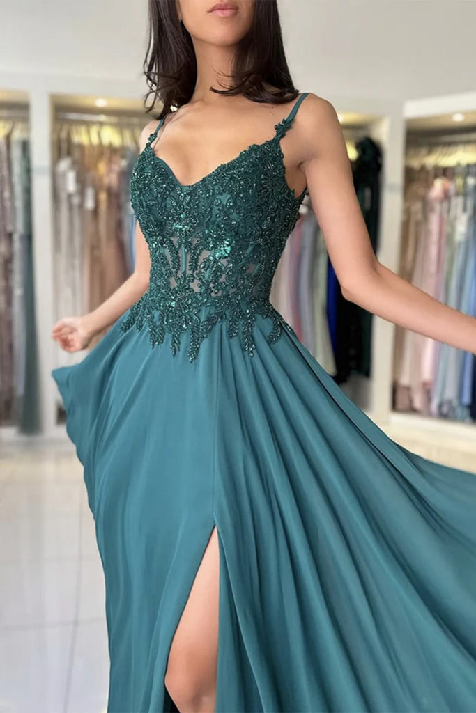 Green Chiffon A Line V Neck High Slit Lace Long Prom Dresses, Green La Lwt Dress Green Chiffon A Line V Neck High Slit Lace Long Prom Dresses, Green La Lwt Dress