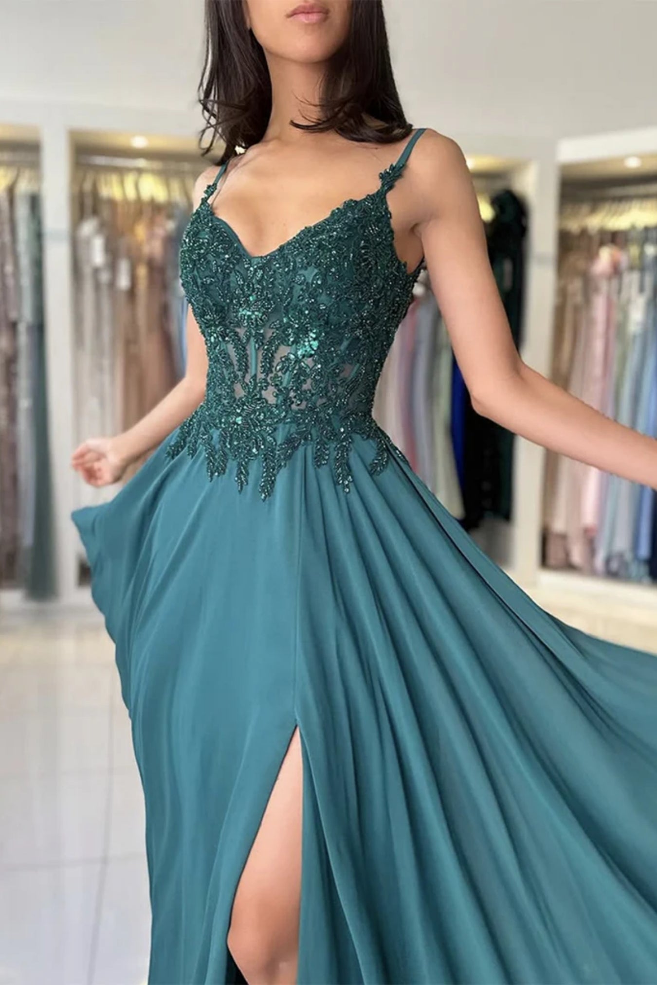 Green Chiffon A Line V Neck High Slit Lace Long Prom Dresses, Green La – Lwt Dress