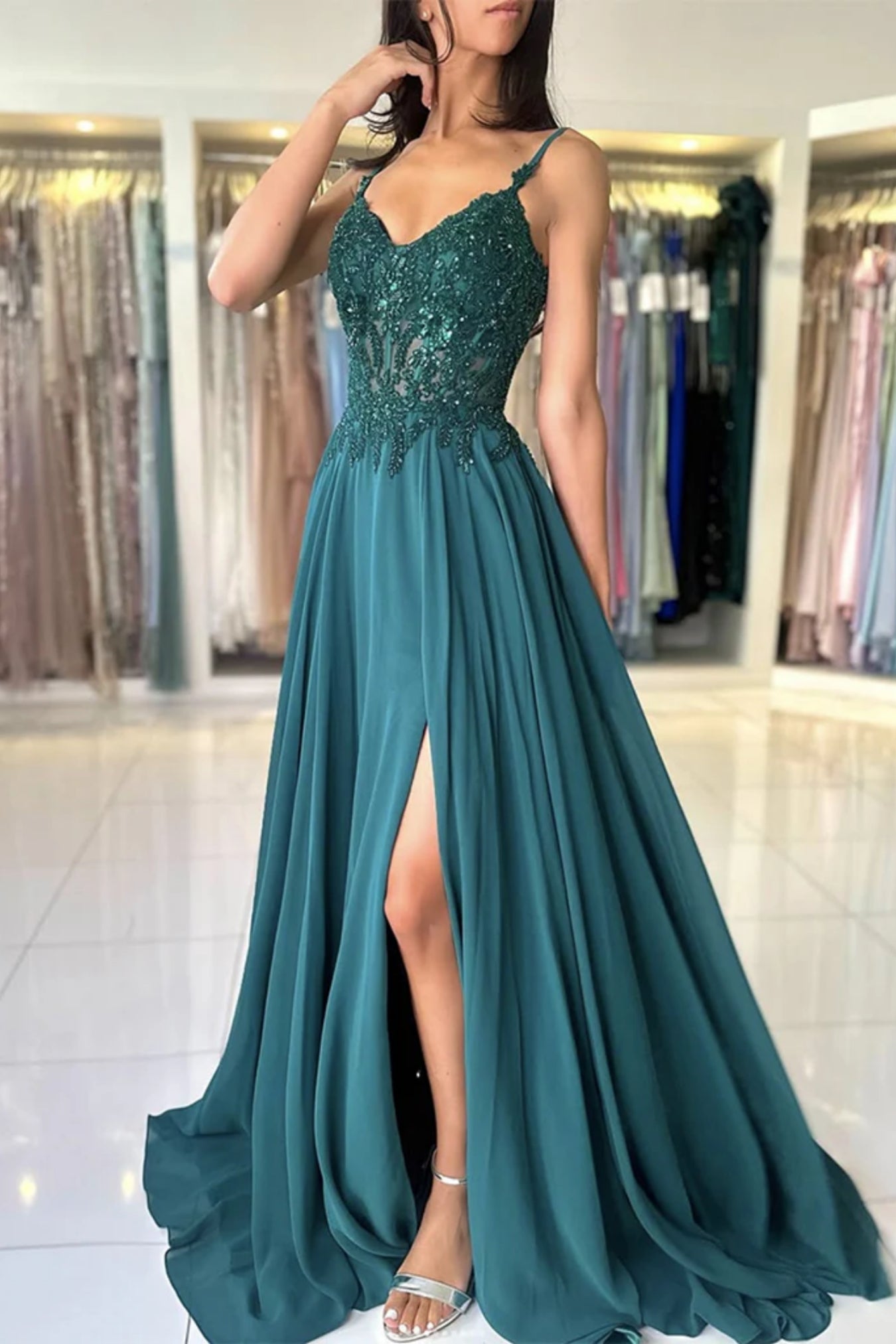 Green Chiffon A Line V Neck High Slit Lace Long Prom Dresses, Green La Lwt Dress Green Chiffon A Line V Neck High Slit Lace Long Prom Dresses, Green La Lwt Dress