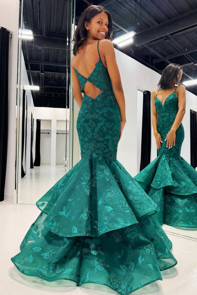 Green Gorgeous V Neck Mermaid Lace Long Prom Dresses, Mermaid Green Formal Evening Dresses, Green Ball Gown WT1455