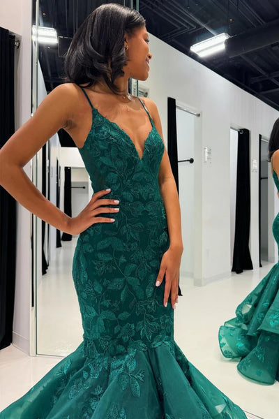 Green Gorgeous V Neck Mermaid Lace Long Prom Dresses, Mermaid Green Formal Evening Dresses, Green Ball Gown WT1455