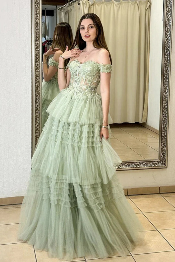 Green Lace Off Shoulder Layered Long Prom Dresses, Green Lace Formal D Lwt Dress Green Lace Off Shoulder Layered Long Prom Dresses, Green Lace Formal D Lwt Dress