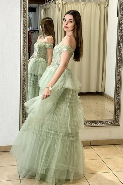 Green Lace Off Shoulder Layered Long Prom Dresses, Green Lace Formal Dresses, Long Green Evening Dresses WT1508