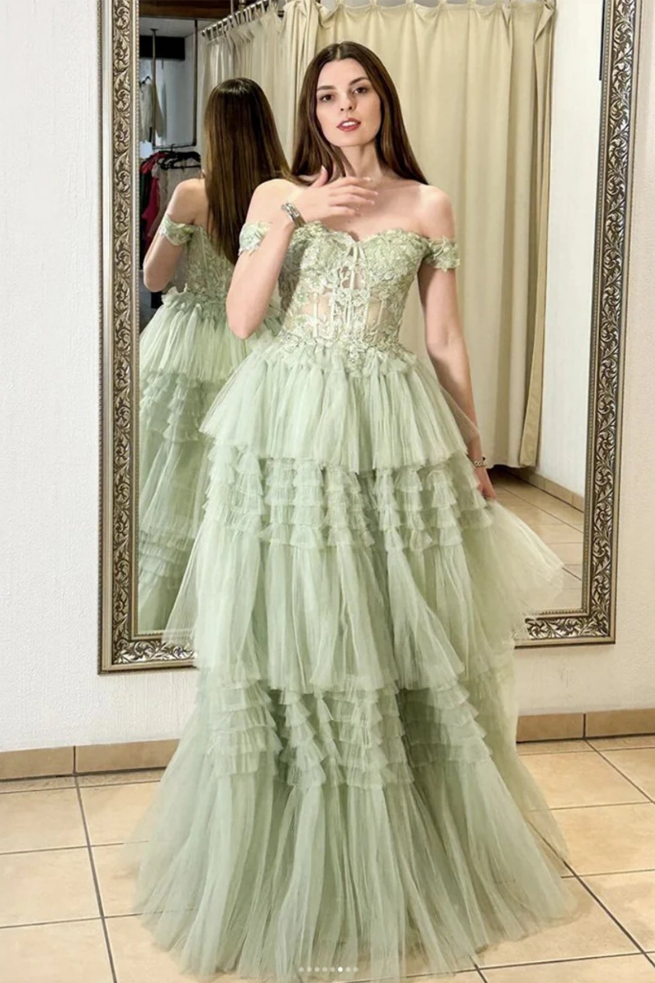 Green Lace Off Shoulder Layered Long Prom Dresses, Green Lace Formal Dresses, Long Green Evening Dresses WT1508