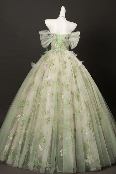 Green Off the Shoulder Long Prom Dresses with 3D Flowers, Green Floral Formal Evening Dresses, Ball Gown WT1683