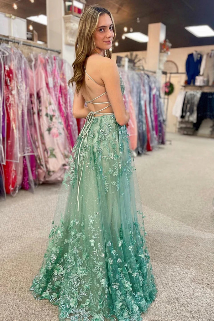 Green Open Back Beaded Lace Floral Long Prom Dresses with Pocket, Gree Lwt Dress Green Open Back Beaded Lace Floral Long Prom Dresses with Pocket, Gree Lwt Dress