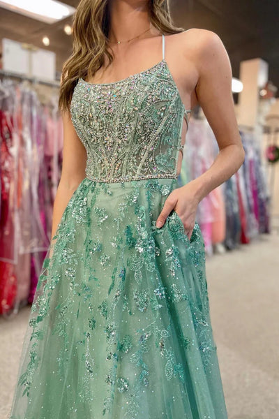 Green Open Back Beaded Lace Floral Long Prom Dresses with Pocket, Green Lace Formal Graduation Evening Dresses WT1352