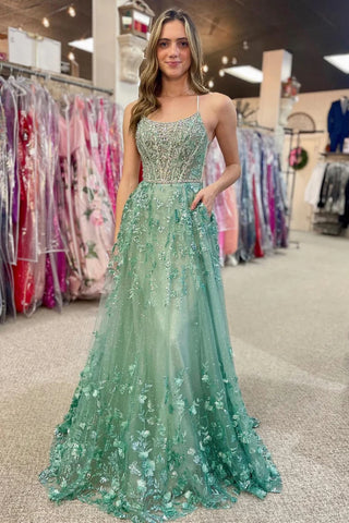 Green Open Back Beaded Lace Floral Long Prom Dresses with Pocket, Green Lace Formal Graduation Evening Dresses WT1352