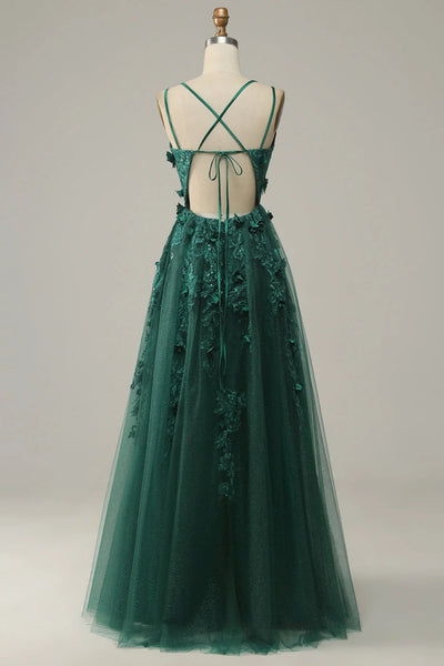 Green Open Back Lace Floral Long Prom Dresses with High Slit, Green Lace Formal Dresses, Green Evening Dresses with 3D Flowers WT1333