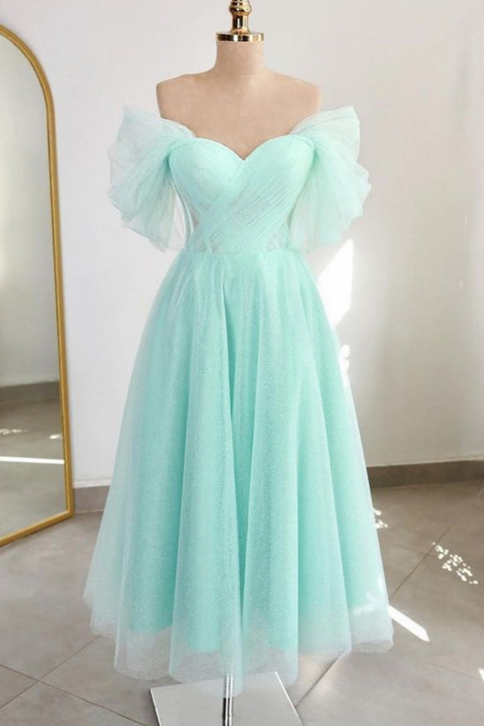 Green/Pink Tulle Off the Shoulder Tea Length Prom Dresses, Green/Pink Lwt Dress Green/Pink Tulle Off the Shoulder Tea Length Prom Dresses, Green/Pink Lwt Dress