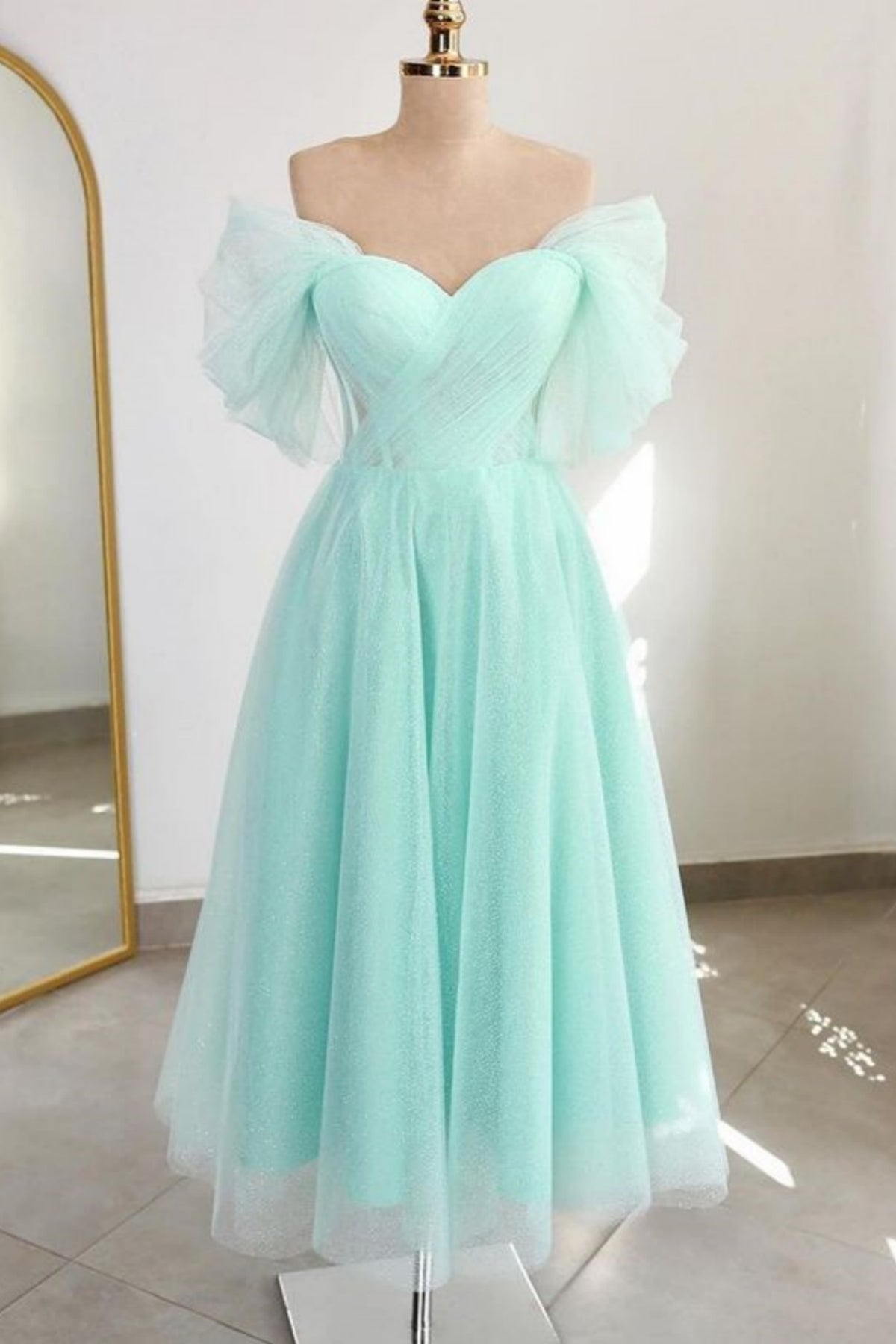 Green/Pink Tulle Off the Shoulder Tea Length Prom Dresses, Green/Pink Lwt Dress Green/Pink Tulle Off the Shoulder Tea Length Prom Dresses, Green/Pink Lwt Dress