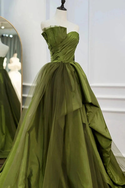 Green Satin A Line Asymmetrical Strapless Long Prom Dresses with Ruffles, Long Green Formal Graduation Evening Dresses WT1326