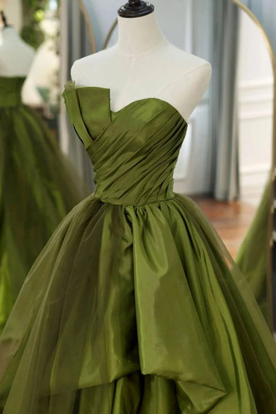 Green Satin A Line Asymmetrical Strapless Long Prom Dresses with Ruffles, Long Green Formal Graduation Evening Dresses WT1326