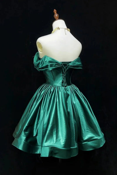 Green Satin A Line Off the Shoulder Short Prom Dresses, Off Shoulder Green Homecoming Dresses WT1675