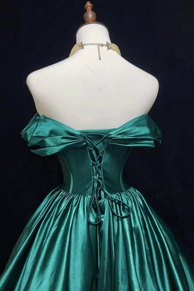 Green Satin A Line Off the Shoulder Short Prom Dresses, Off Shoulder Green Homecoming Dresses WT1675