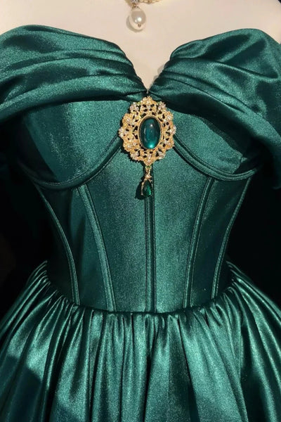 Green Satin A Line Off the Shoulder Short Prom Dresses, Off Shoulder Green Homecoming Dresses WT1675