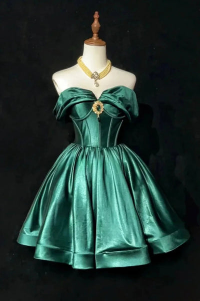 Green Satin A Line Off the Shoulder Short Prom Dresses, Off Shoulder Green Homecoming Dresses WT1675