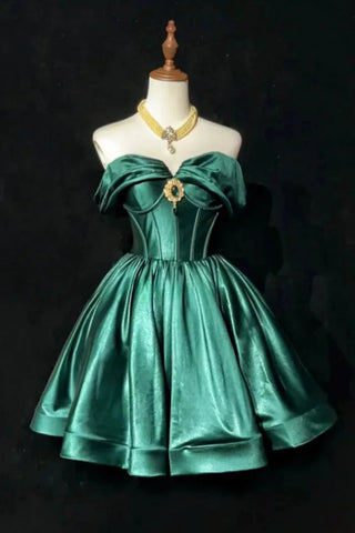 Green Satin A Line Off the Shoulder Short Prom Dresses, Off Shoulder Green Homecoming Dresses WT1675