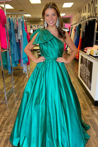 Green Satin A Line One Shoulder Long Prom Dresses, Green Formal Graduation Evening Dresses WT1601