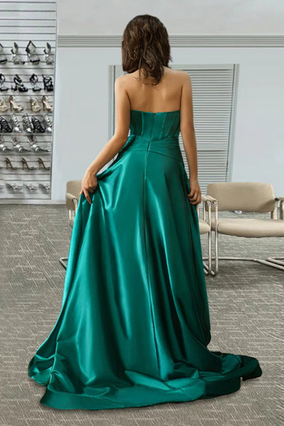 Green Satin A Line Open Back Strapless Long Prom Dresses with High Slit, Strapless Green Formal Graduation Evening Dresses WT1469