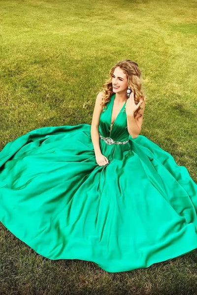 Green Satin A Line V Neck Long Prom Dresses with Belt, Long Green Formal Graduation Evening Dresses WT1805