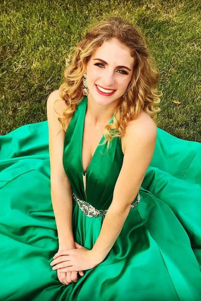 Green Satin A Line V Neck Long Prom Dresses with Belt, Long Green Formal Graduation Evening Dresses WT1805