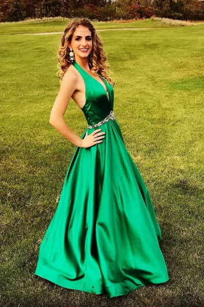Green Satin A Line V Neck Long Prom Dresses with Belt, Long Green Formal Graduation Evening Dresses WT1805