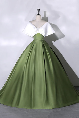 Green Satin Long Prom Dresses with White Cap Sleeves, Long Green Formal Graduation Evening Dresses WT1312