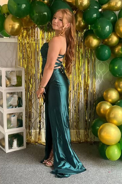 Green Satin Mermaid Lace Long Prom Dresses with Slit, Green Lace Formal Dresses, Mermaid Green Evening Dresses WT1751