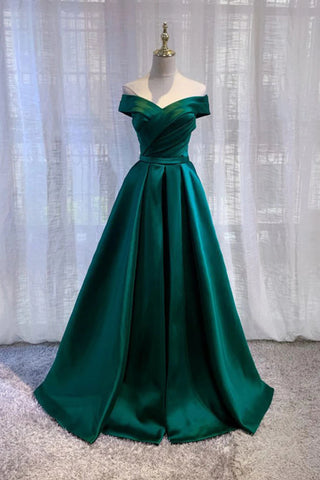 Green Satin Off the Shoulder Long Prom Dresses, A Line Green Formal Graduation Evening Dresses WT1572