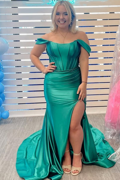 Green Satin Off the Shoulder Mermaid Long Prom Dresses with Slit, Mermaid Green Formal Dresses, Green Evening Dresses WT1709