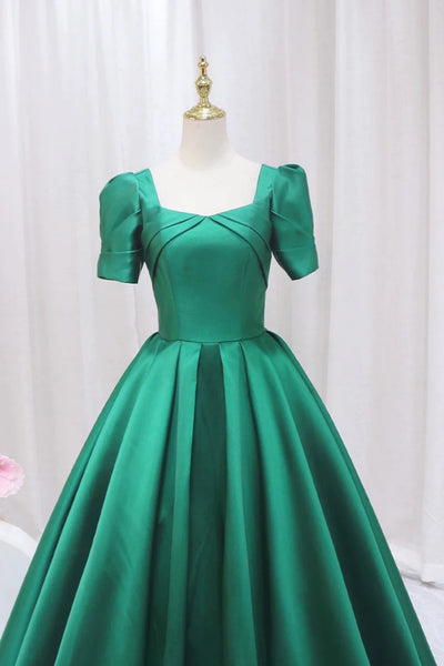 Green Satin Short Sleeves Long Prom Dresses, Long Green Formal Graduation Evening Dresses WT1288