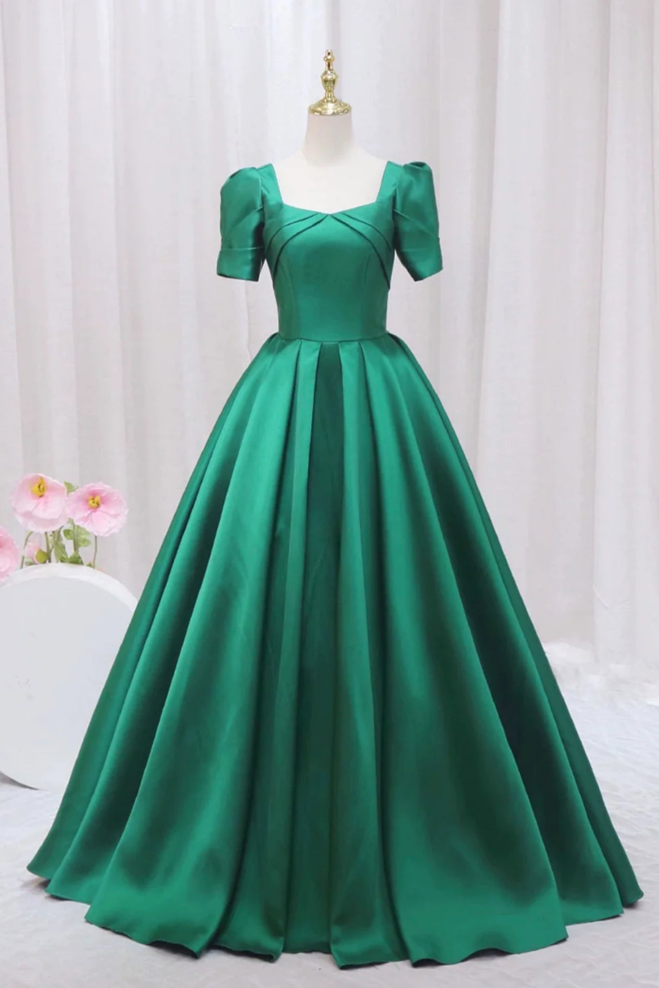 Green Satin Short Sleeves Long Prom Dresses, Long Green Formal Graduat Lwt Dress Green Satin Short Sleeves Long Prom Dresses, Long Green Formal Graduat Lwt Dress