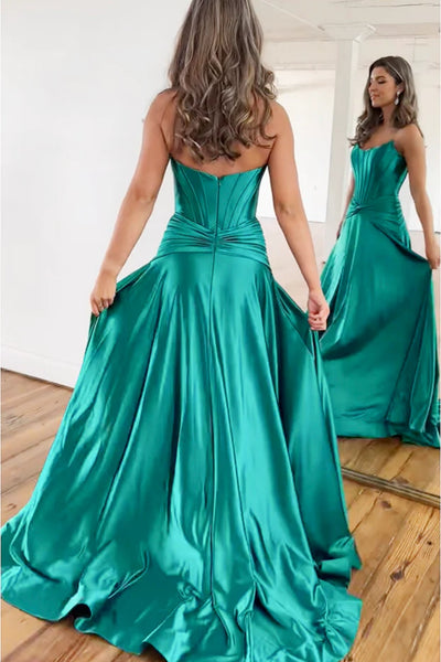 Green Satin Strapless Mermaid Long Prom Dresses with High Slit, Mermaid Green Formal Dresses, Green Evening Dresses WT1409