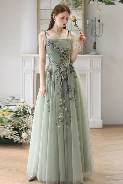 Green Tulle A Line Floor Length Beaded Floral Long Prom Dresses, Long Green Formal Evening Dresses with Appliques WT1504