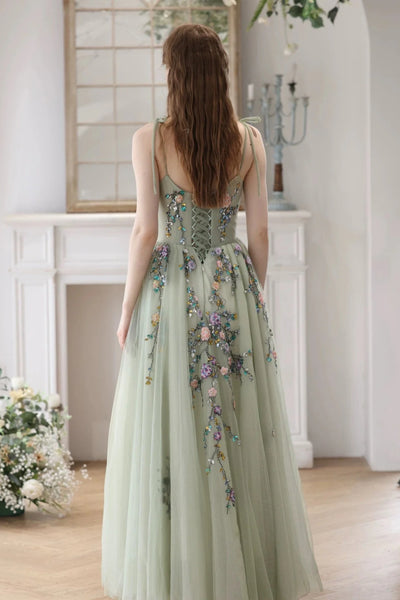 Green Tulle A Line Floor Length Beaded Floral Long Prom Dresses, Long Green Formal Evening Dresses with Appliques WT1504