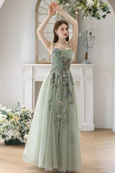 Green Tulle A Line Floor Length Beaded Floral Long Prom Dresses, Long Green Formal Evening Dresses with Appliques WT1504