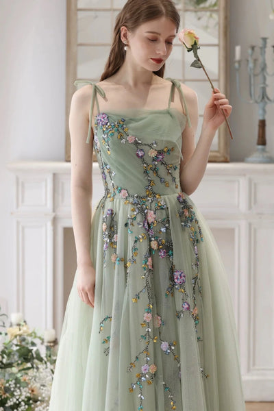 Green Tulle A Line Floor Length Beaded Floral Long Prom Dresses, Long Green Formal Evening Dresses with Appliques WT1504