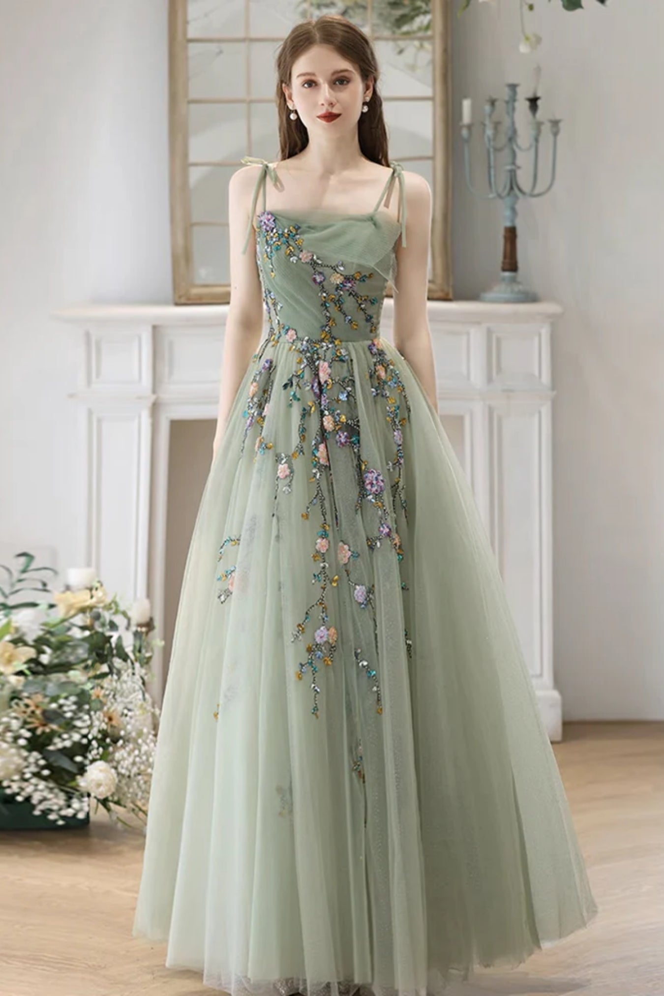 Green Tulle A Line Floor Length Beaded Floral Long Prom Dresses, Long Lwt Dress Green Tulle A Line Floor Length Beaded Floral Long Prom Dresses, Long Lwt Dress