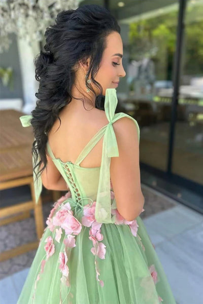 Green Tulle A Line Open Back Long Prom Dresses with 3D Flowers, Green Formal Graduation Evening Dresses WT1713