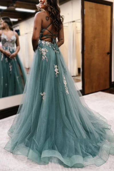 Green Tulle A Line V Neck Backless Long Prom Dresses with Appliques, Green Lace Formal Dresses, Green Evening Dresses with High Slit WT1460